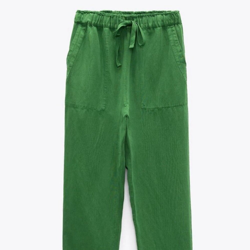 Zara Kelly Green Linen Blend Drawstring Pants